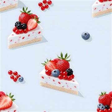 Seamless pattern of cheesecake slices topped with mixed berries on light blue background cheesecake seamless strawberry blueberry raspberry background delicious culinary decoration homemade