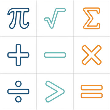 Collection of mathematical symbols and equations on a grid.
