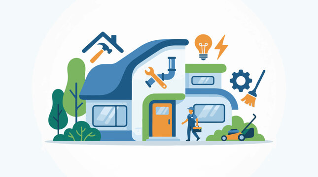 Illustrated house with maintenance tools trees and a worker