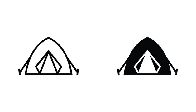 Camping tent vector icon isolated on white Black and white outline line art and solid glyph silhouette