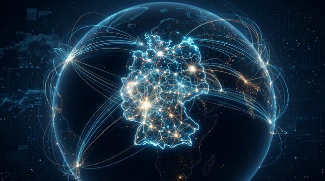 Digital map of Germany showing global network connection and data flow