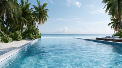 Fototapeta premium Tropical swimming pool surrounded by palm trees and lush greenery, overlooking a serene ocean under a clear blue sky in a summer vacation setting