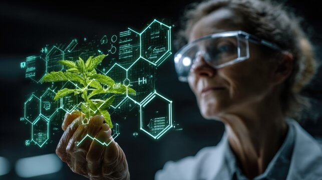 Professional female researcher analyzing plant based bio-plastics holographic chemical structure icons green material research laboratory scene 
