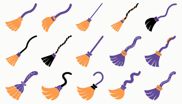 Cute Halloween Witch Brooms Vector Illustration Grid Set Of Magic Broomsticks