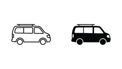Fototapeta premium Minivan vector icon isolated on white Black and white outline line art and solid glyph silhouette