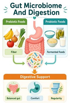 Gut Microbiome And Digestion Educational Nutrition Infographic