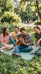 Fototapeta premium Friends laughing and relaxing together in a sunny park with guitar music during summer picnic
