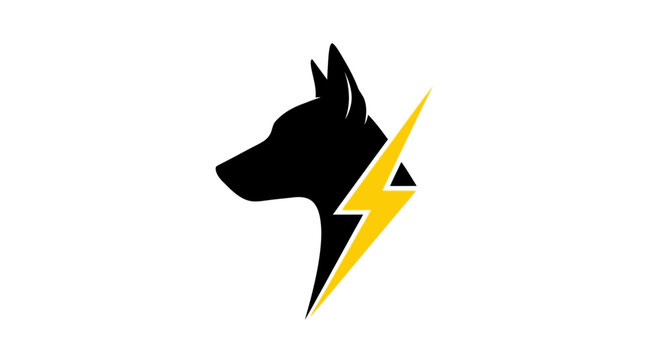 Minimalist black dog head logo with yellow lightning bolt.