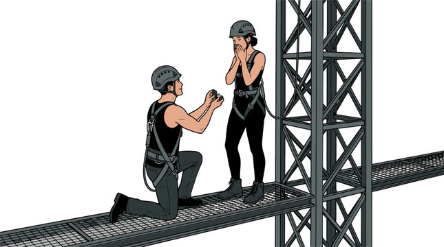 Viral Romantic marriage proposal on high altitude construction platform, man proposing to woman on industrial scaffolding, extreme height engagement vector