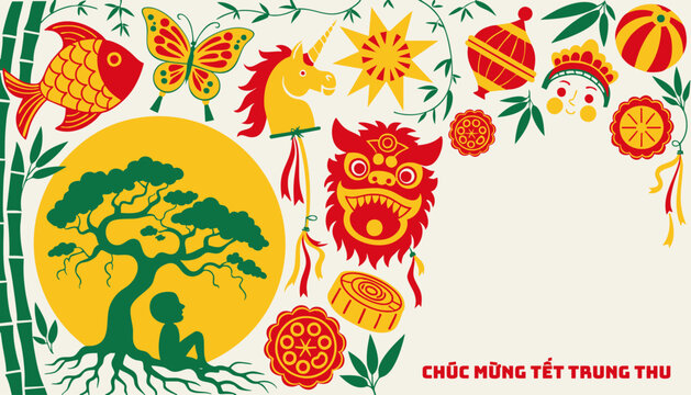 Traditional Mid-Autumn illustration with full moon, banyan tree and festive red-gold palette &mdash; poster design
