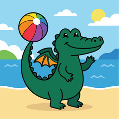 Fototapeta premium Colorful Beach Ball Playful Cartoon Crocodile with Wings on Sunny Seaside AI