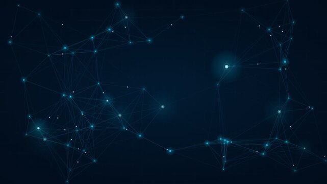 Digital technology plexus network loop background. Abstract glowing blue constellation nodes and lines connecting on dark backdrop. Seamless tech footage for sci-fi video.