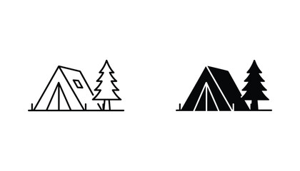 Camping tent vector icon isolated on white Black and white outline line art and solid glyph silhouette © VisionGrafix