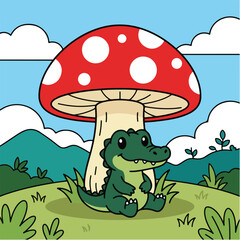Obraz premium Cute Cartoon Crocodile Sitting Under Red Mushroom Vector Illustration: Happy Baby Alligator Character Under Toadstool in Meadow. Whimsical Fantasy Nature Graphic for Generative AI
