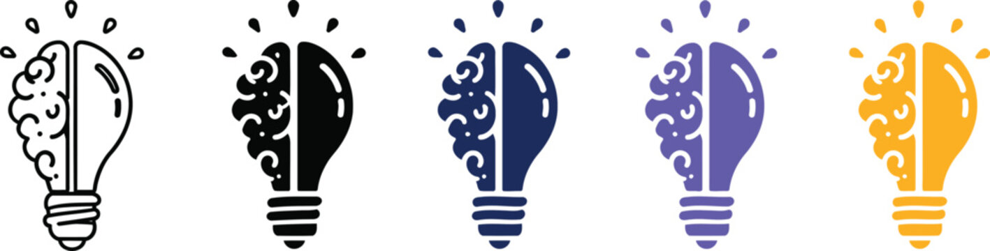 Creative Brain Light Bulb Idea and Innovation Vector Icon Set in Outline and Solid Styles