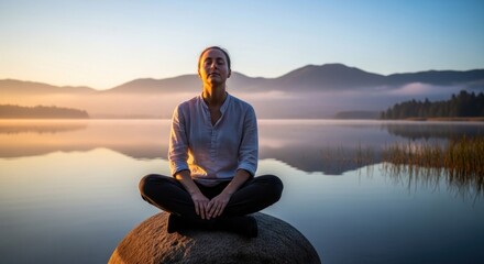 Fototapeta premium Woman practices serene meditation while seated on a large rock beside a calm body of water at sunrise