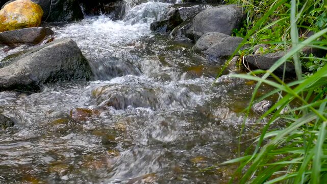 Looping closeup of fresh clear stream water moving between river stones, creating a calm and refreshing nature ambience. Perfect for meditation loops and relaxation.