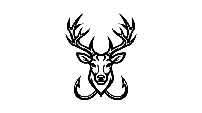 Deer head logo with fishing hooks as antlers