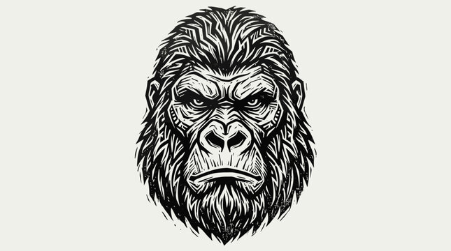 Detailed black and white gorilla head illustration.