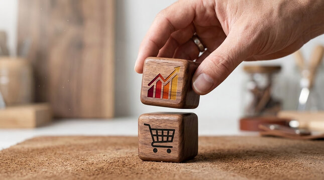 Hand placing wooden cube with upward graph, symbolizing growth, over cube with shopping cart, representing commerce