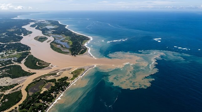 Aerial View of Sediment Plume Flowing from River Mouth into Ocean Waters Near Coastal Landscape