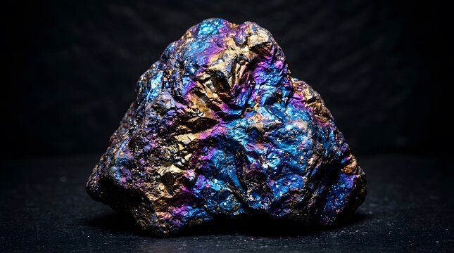 Macro close up of a naturally iridescent peacock ore bornite mineral specimen with vivid metallic rainbow colors on a dark background
