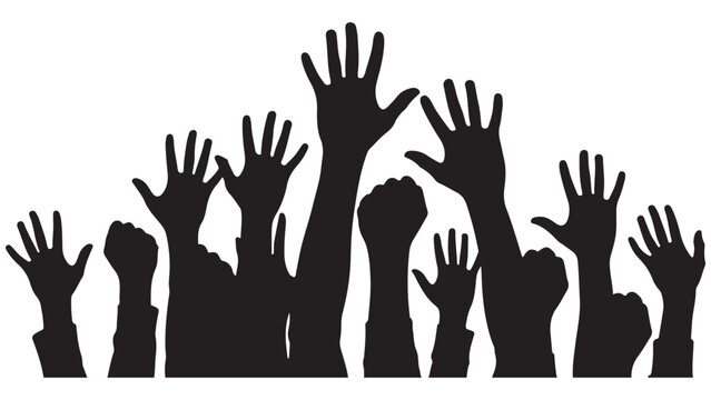Raised human hands silhouettes in crowd asking for help, participation, protest, or voting concept isolated on dark background