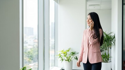 Plakat Generative AI, Asian businesswoman talking on phone by office window with city view