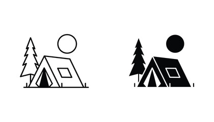 Camping tent vector icon isolated on white Black and white outline line art and solid glyph silhouette © VisionGrafix