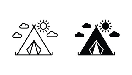 Camping tent vector icon isolated on white Black and white outline line art and solid glyph silhouette © VisionGrafix