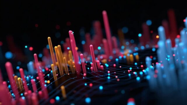Abstract Data Visualization: A vibrant abstract 3D render depicts a dynamic data visualization with colorful cylindrical bars and glowing particles, suggesting growth and complex information flow.