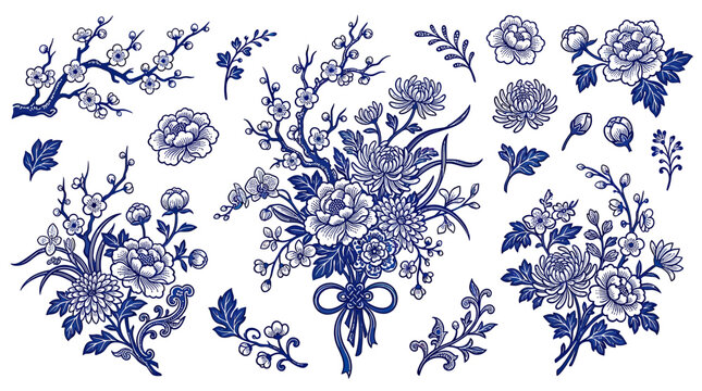 Blue and White Floral Illustration: Chinese Porcelain Style Flowers and Branches