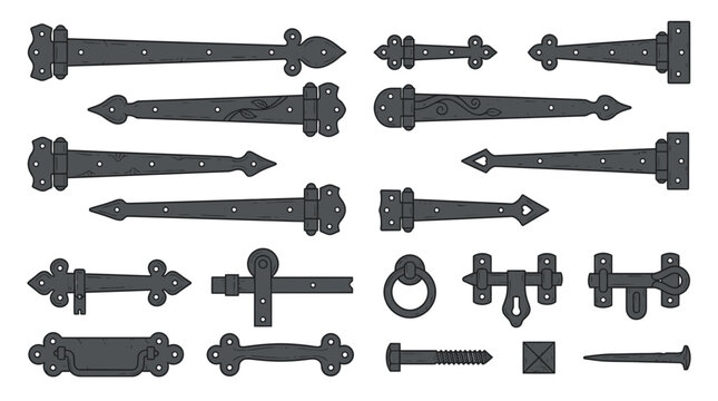 Collection of Antique Black Iron Door Hinges and Hardware