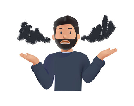 Mental health 3D vector illustration of man with obsessive compulsive disorder representing intrusive thoughts, anxiety