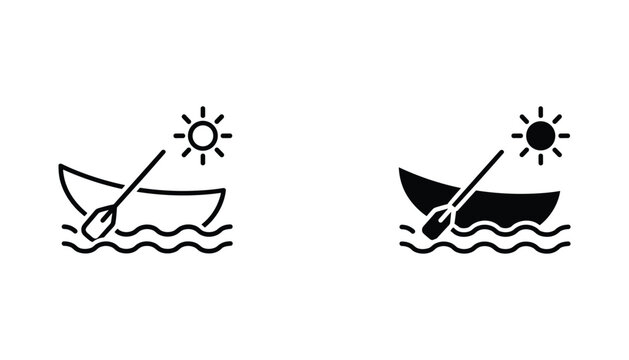 Rowboat vector icon isolated on white Black and white outline line art and solid glyph silhouette