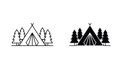 Camping tent with trees vector icon isolated on white Black and white outline line art and solid glyph silhouette © VisionGrafix