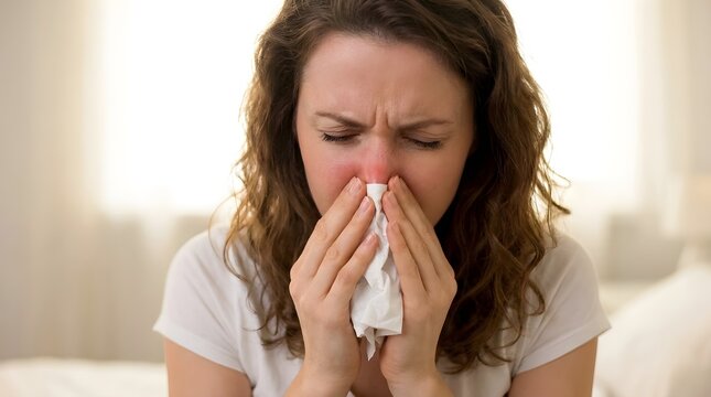 Young woman with red irritated nose blowing into a white tissue while suffering from seasonal allergies or a bad cold