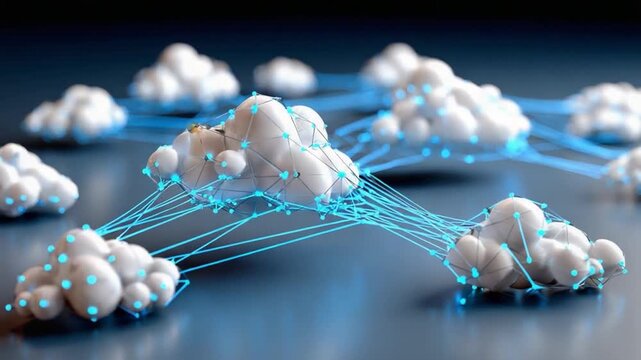 Connected Cloud Network: A conceptual illustration depicting interconnected digital clouds, symbolizing cloud computing and data transfer.
