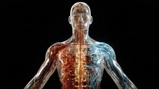 Anatomy of Human Body, Medical Visualization: A transparent human body model displays the intricate internal systems, highlighting the spine, ribs.