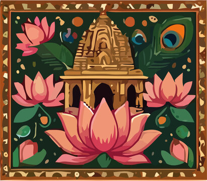 Hindu Temple Complex Lotus Pond Water Lily Reflection Sacred Lake Temple Tank Pushkarini Vector Landscape