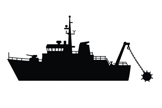 Black Silhouette Vector Illustration of a Specialized Naval Mine Sweeper Vessel Engaged in Ocean Maritime Operations