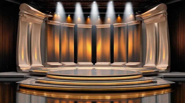 Gilded Stage of Excellence: A majestic, ornate stage with tiered platforms, grand columns, and dramatic spotlight illumination evokes a sense of prestige and grand ceremony.