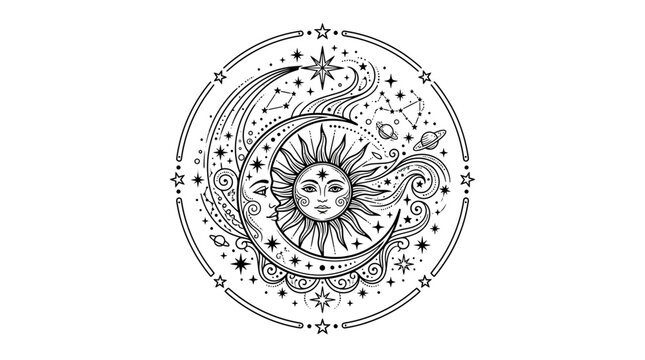Celestial bodies, sun and moon, mystical cosmic illustration, astrology, zodiac, night sky