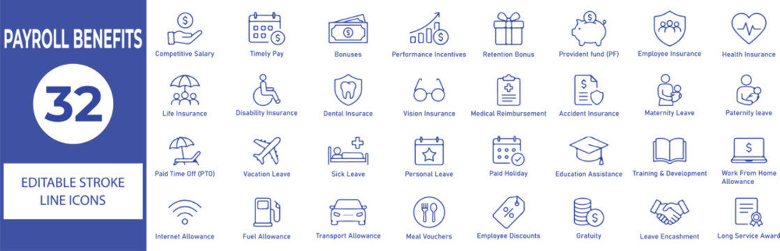 Payroll Benefits Vector Outline Icons Set &ndash; Employee Compensation, HR Benefits, Salary, Insurance and Workplace Benefits Line Symbols Collection