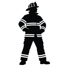 Obraz premium Black Silhouette Vector Illustration of a Courageous Firefighter Standing Proudly in Full Protective Duty Gear Uniform