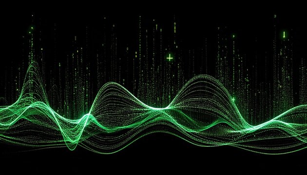 Digital Data Wave Background. Abstract Green Technology Concept with Information Flow and AI Analytics.