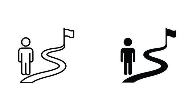 Person with road to flag vector icon isolated on white Black and white outline line art and solid glyph silhouette