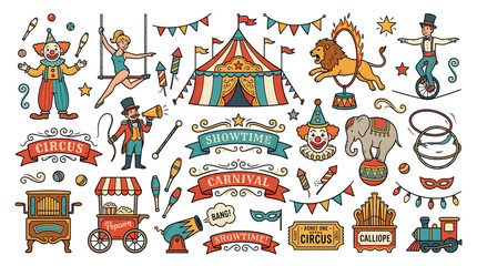 Vintage Circus Carnival Elements Collection: Clowns, Lion, Elephant, Tent, Performers © Varel