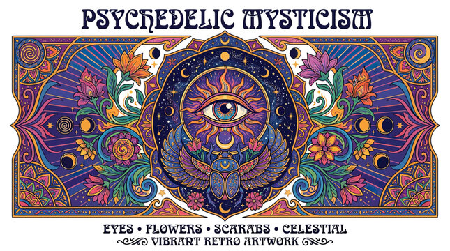 Psychedelic Mysticism Art: All-Seeing Eye, Scarab Beetle, Celestial & Floral Motifs