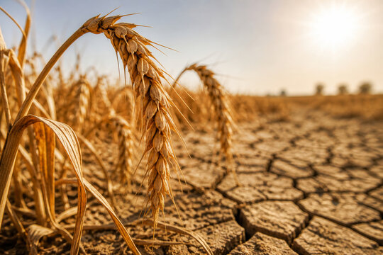 Wheat stalk growing in dry cracked earth. Agricultural land affected by extreme drought. Environmental crisis and climate change impact on natural resources and global food security.